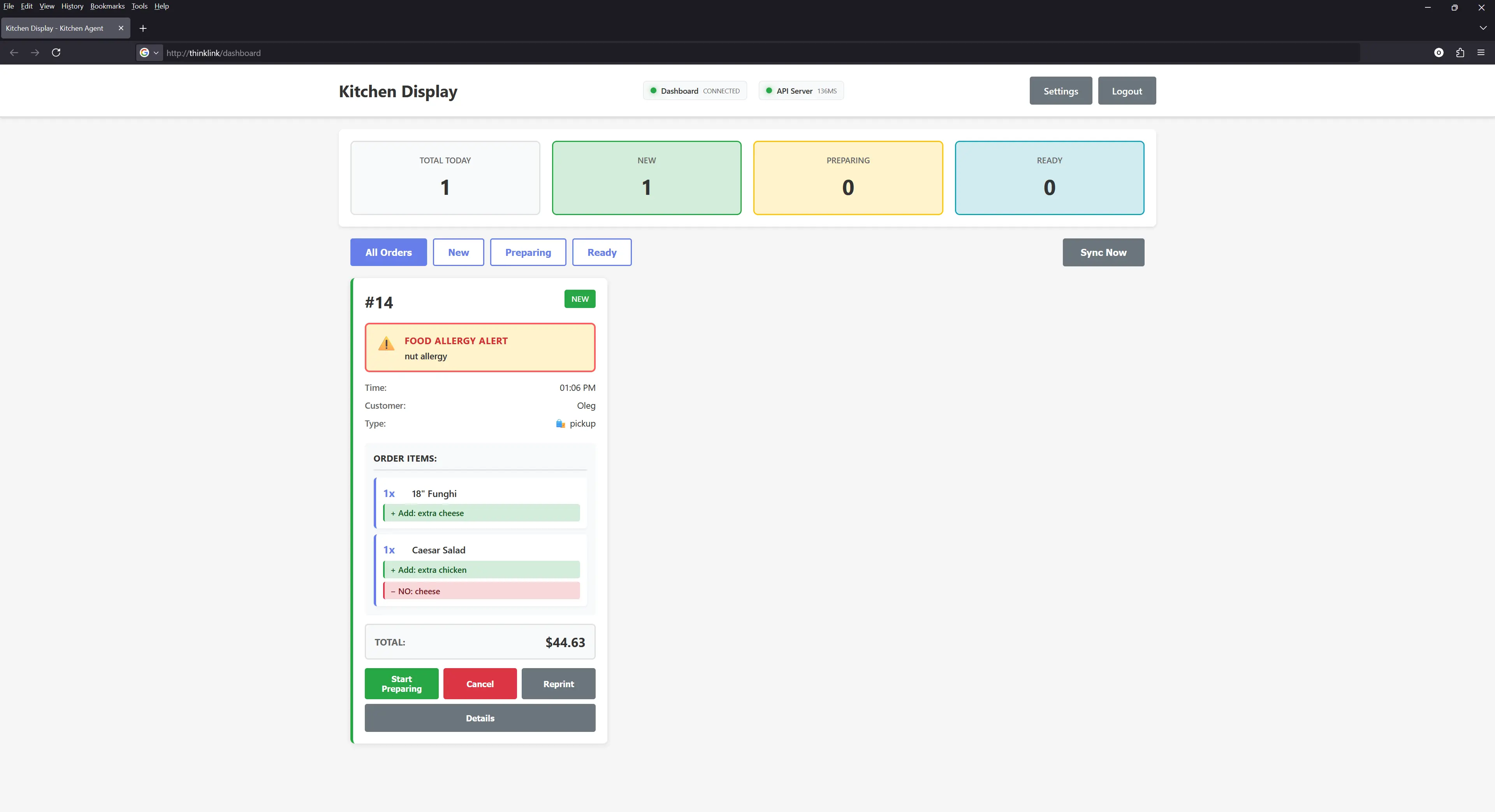Kitchen Display Dashboard - Active Order