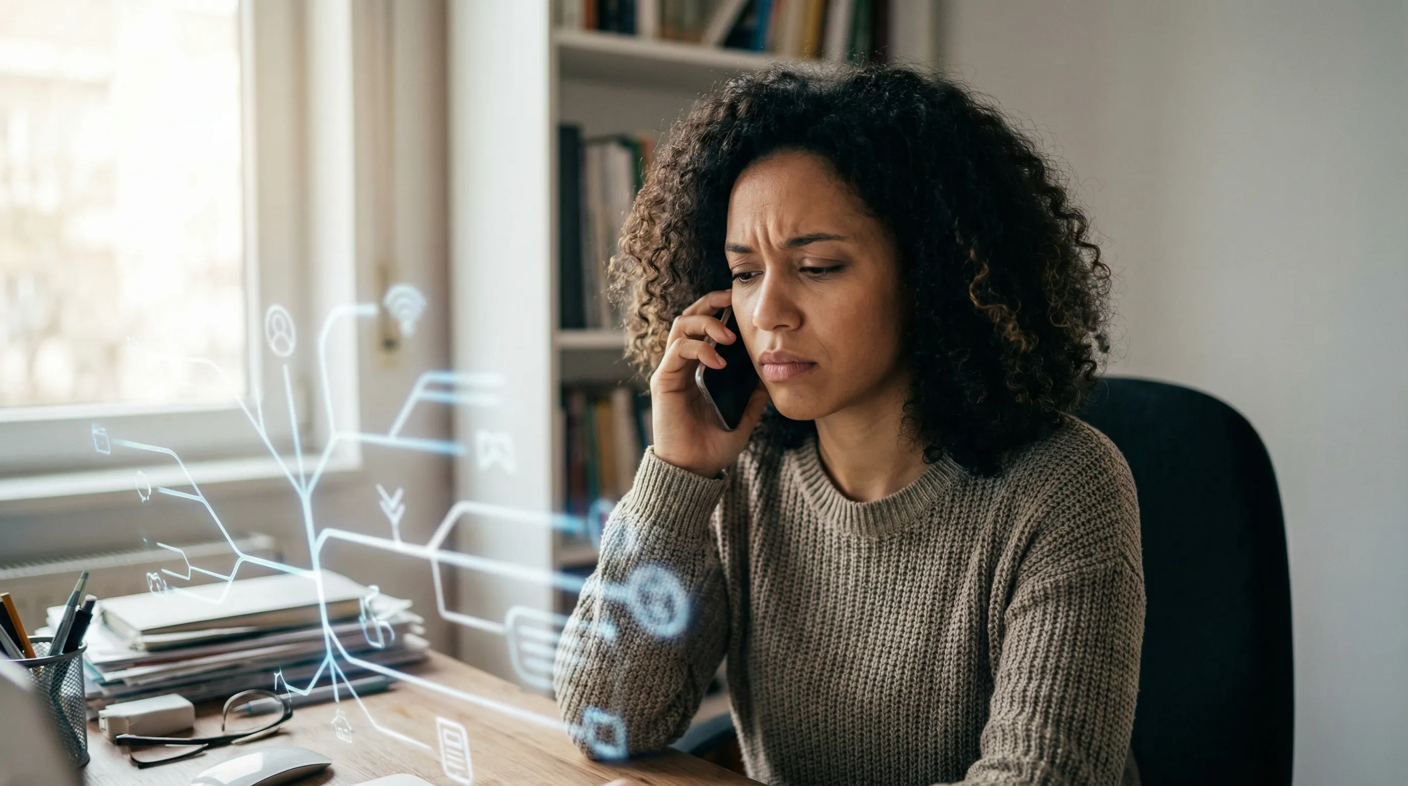 Emotional moment showing frustrated caller dealing with confusing IVR phone menu