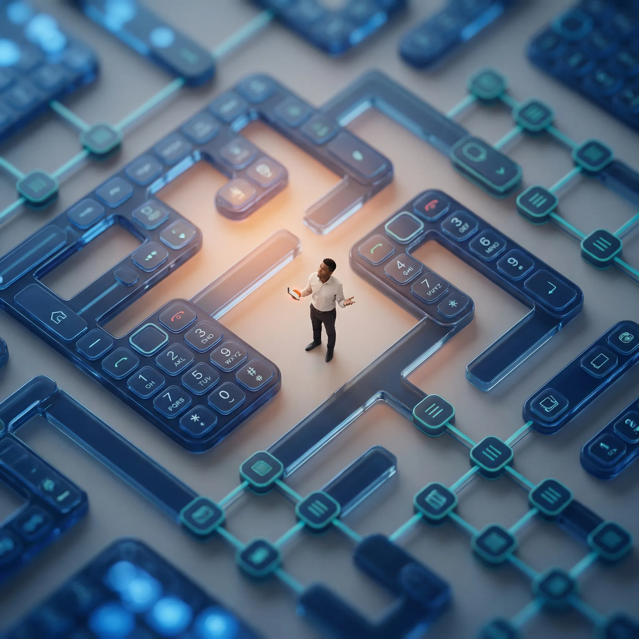 Artistic representation of IVR system as an endless confusing menu labyrinth